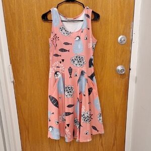Cowcow pink penguin dress with pockets, tea-length